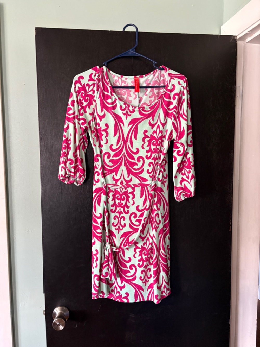 Pink and Light Mint Green Patterned Dress with Tie